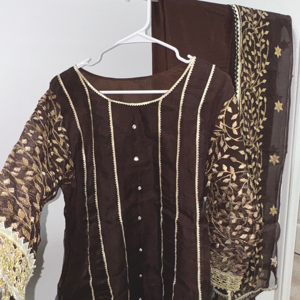 Elegant Brown and Gold Embroidered Desi Suit - Picture 2 of 4